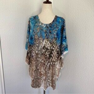 Vintage Concept Mixed Media Blue Animal Print Tunic Top Blouse Size L